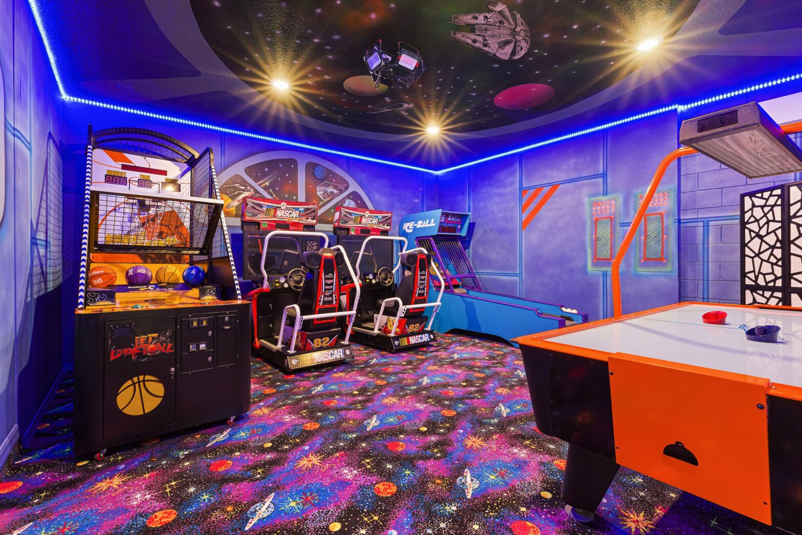 dedicated game room with air hockey table, basketball, racing game for kids and teenagers