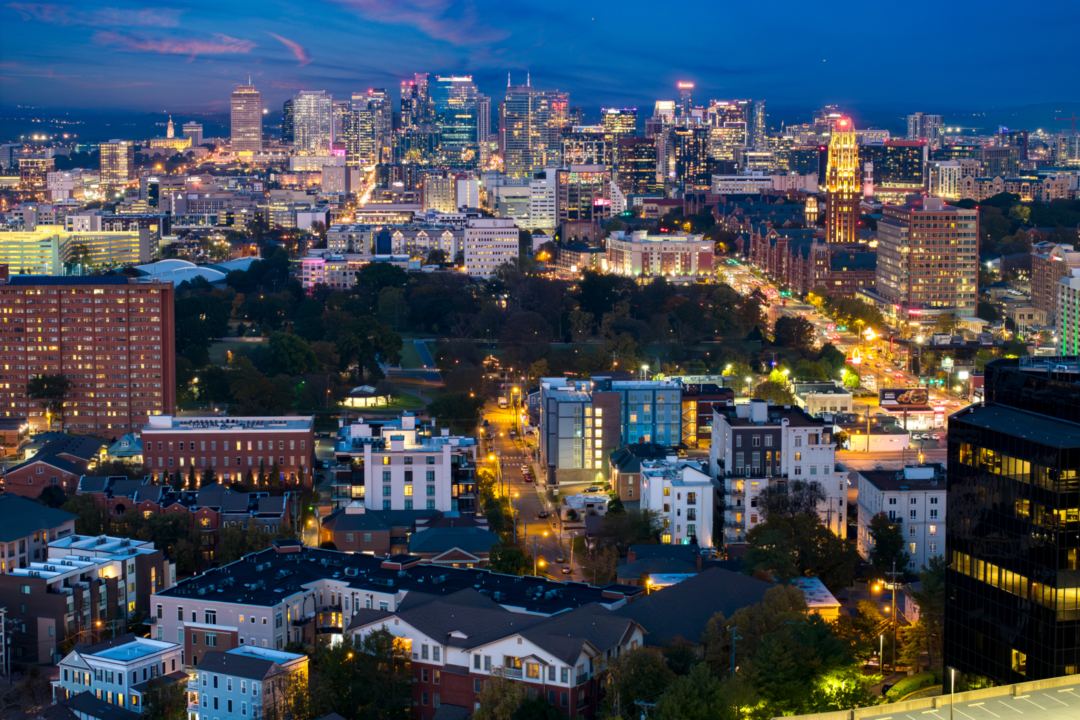 overview shot of nashville city at night with high-rise buildings