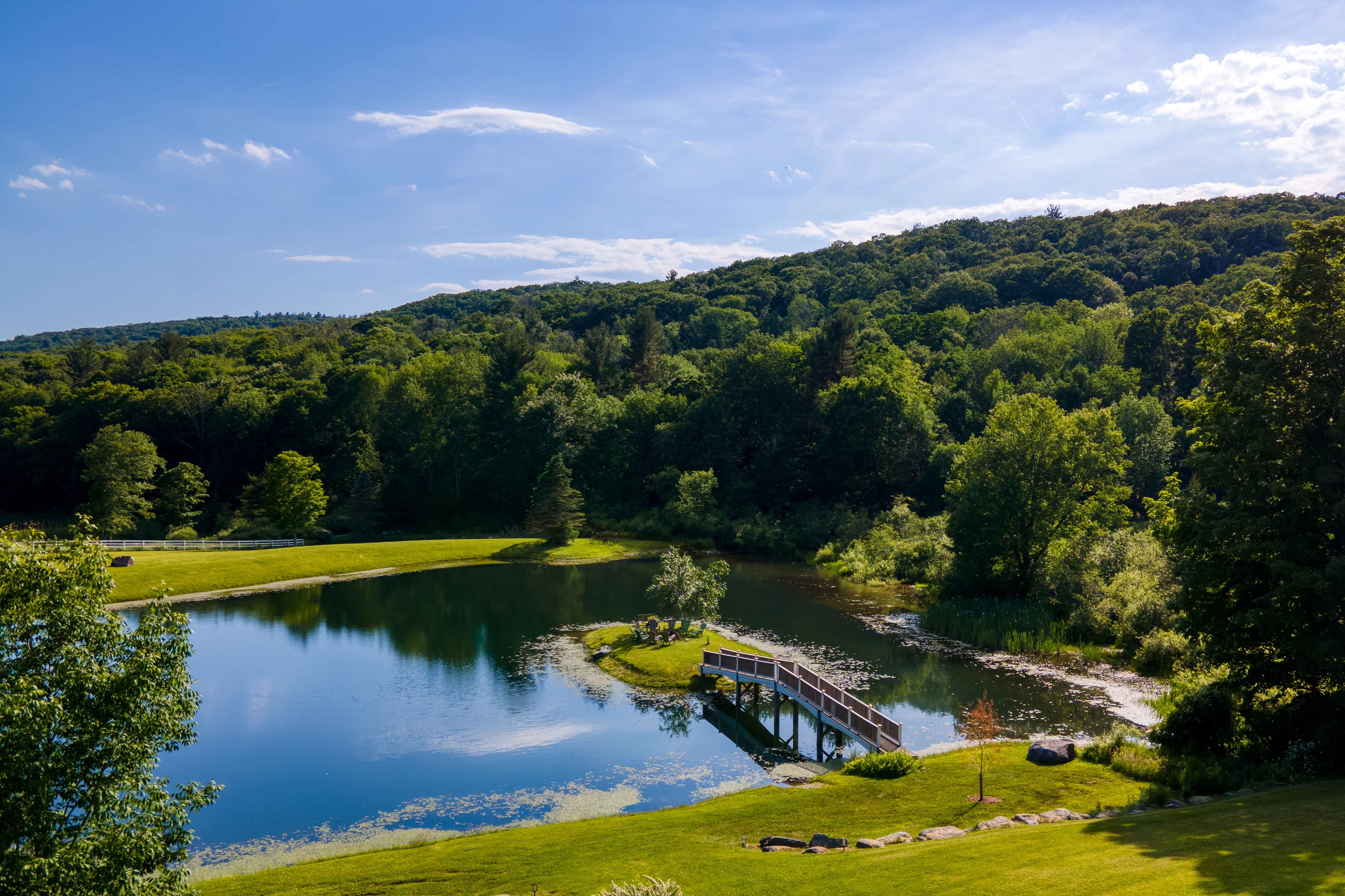 lake pond with freshly trimmed green grass on an early sunday morning