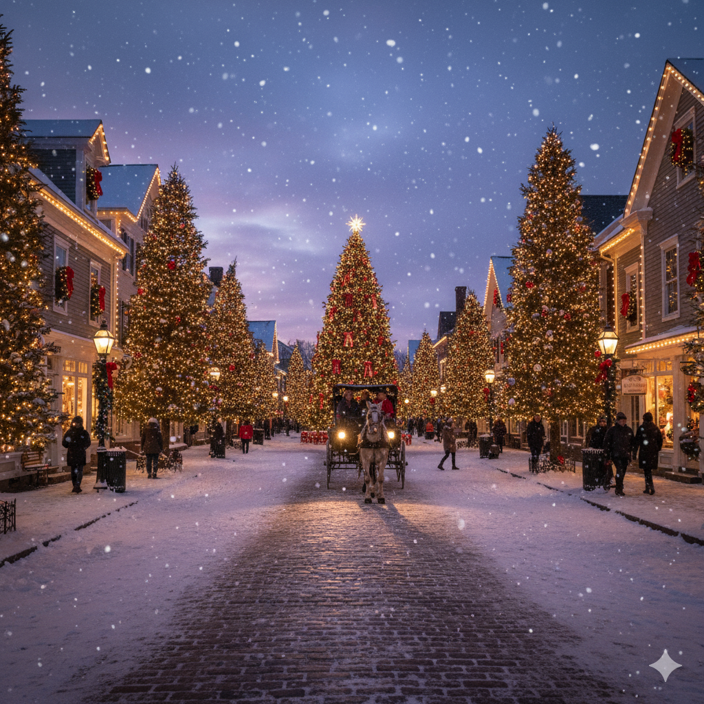 horse carriage traveling a snowy stone path along a christmas destination with lighted christmas trees
