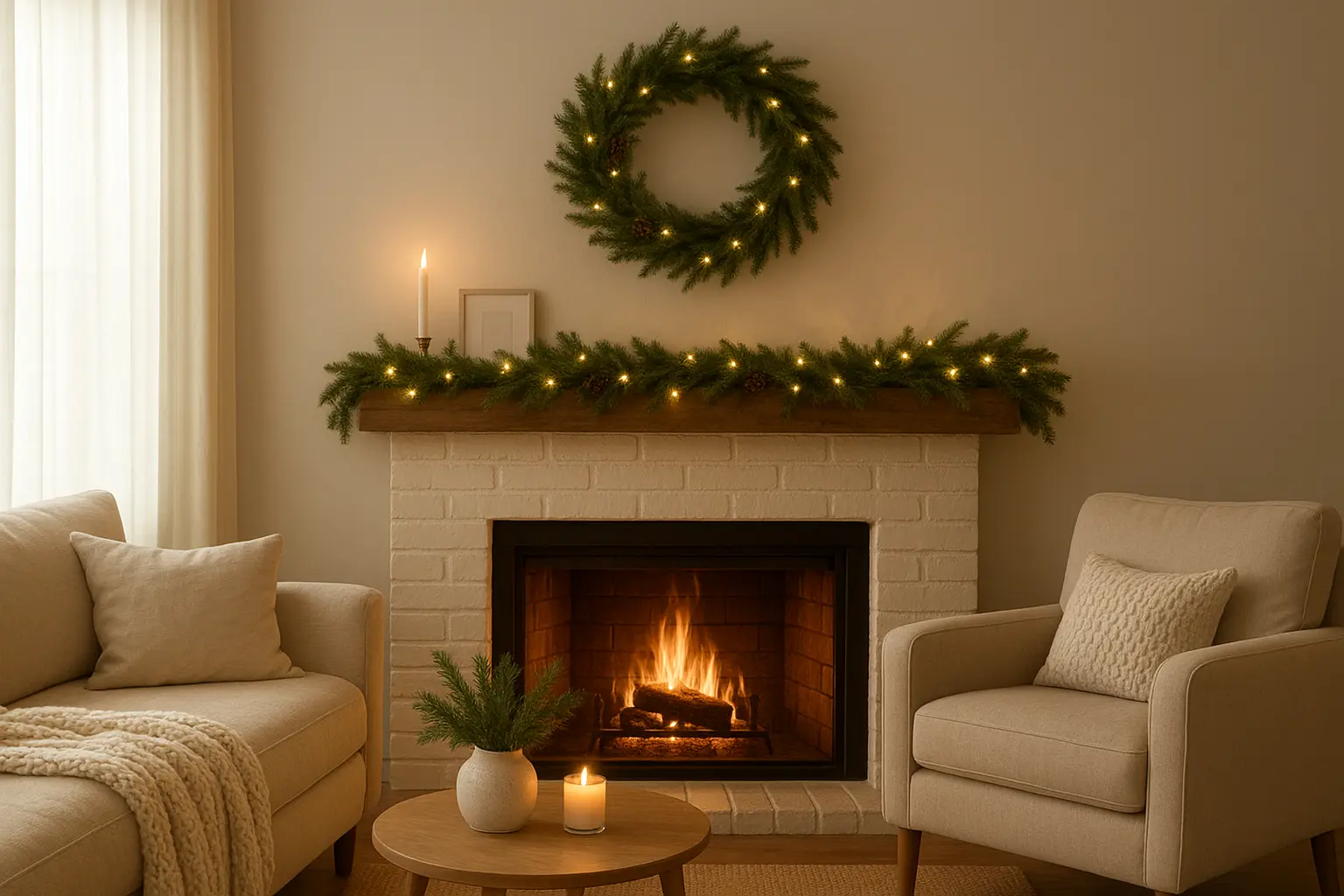 white fireplace with christmas wreath above and comfy sofa and chair