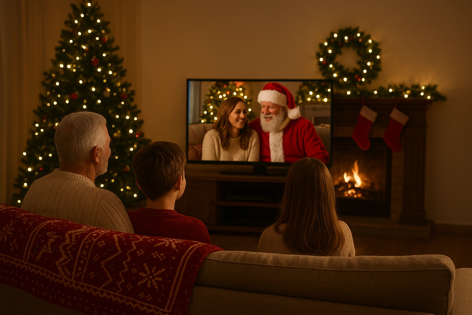 grandpa and kids watching their mom with santa on a tv during christmas